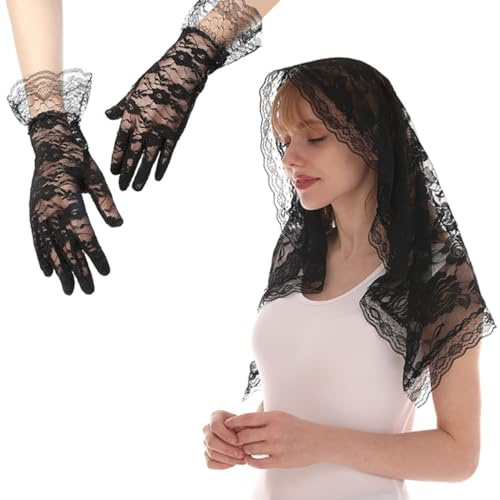 SamHeng Mantilla Schleier & Kurze Handschuhe, Elegant Rosen Spitze Damen Kirchenschleier Massenschleier Kapellenschleier mit Blumen Handschuhe für Hochzeit Abend Prom Party Kostüm (Schwarz)