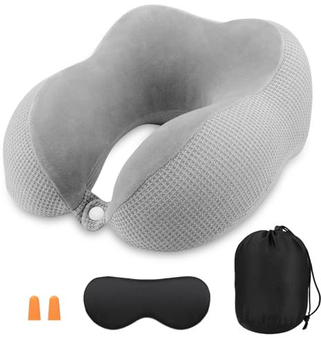 Cuscino da Viaggio, Cuscino Viaggio Collo, Cervicale da Viaggio per il Collo in Memory Foam, Cuscino Viaggio, Cuscino Collo con Borsa per Trasporto, per Viaggiare in Aereo, Auto e Treno, Grigio