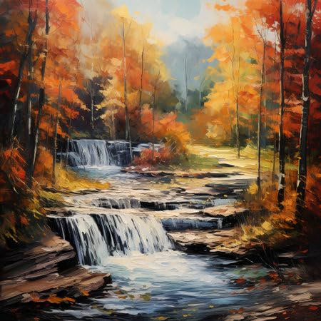 adrium Acryl-Bild 40 x 40 cm: Wasserfall im Herbstwald. Wasserfall im Herbstwald, Gemälde in Öl (209760669)
