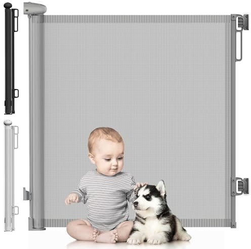 DIKOTS Dual Lock Grey Retractable Stair Gates for baby & Pet - Extends to 140 cm wide, 86 cm tall gate - Retractable Stair Gates for Dogs, baby gate for stairs, Indoor, doorways - Dog gate indoor