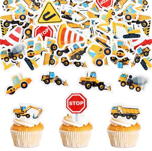 64 Stück Essbar Straßenschild Baufahrzeug Cupcake Topper LKW Bagger Kuchen Dekorieren Baby Jungen Kinder Geburtstag Topper Oblatenpapier Baufahrzeug-Kuchen-Deckel