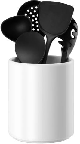 Allybyme Ceramic Kitchen Utensil Holder, White, 6.5”H x 5.5”D