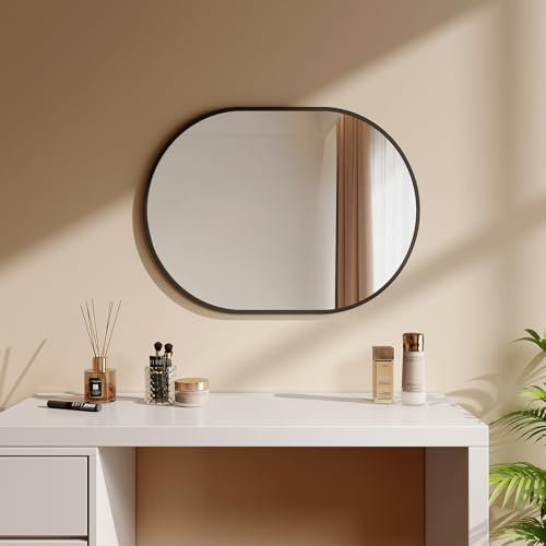 EMKE Badspiegel Oval Schwarz 60 x 80 cm Ovaler Wandspiegel mit Schwarzer Rahmen Spiegel Horizontal/Vertikal Dekorativer HD Wandspiegel für Flur/Badzimmer/Wohnzimmer Oval Spiegel