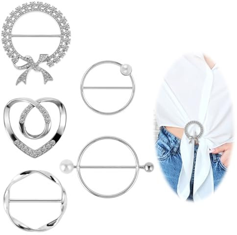 Mabor 5 Stile T Shirt Clip Metall schnalle Schal 5 Stück Schal-Ring-Clips Ringe Broschen Schalring Clip Schnalle Seitliche Taille Kleidungsspanner Gürtelschnallen Taille Brosche für Seidenschals