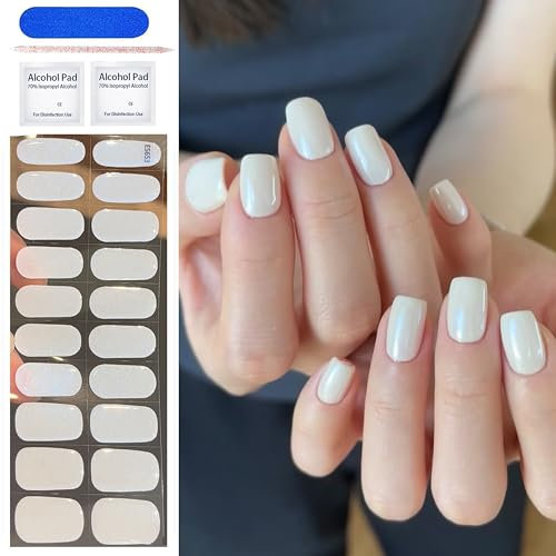 MrCuvaryas 20 Stück Gel UV Nagelfolien Stickers, Echte Nagellack-Kunstaufkleber - Weiß Full Wraps Nagelaufkleber UV/LED-Lampe Erforderlich Cured Gel Nail Strips, Fingernägel zum aufkleben (White Pear)