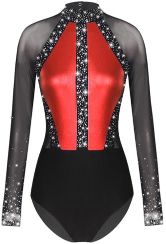 iEFiEL Turnanzug für Damen Langarm Gymnastikbody mit Strass Patchwork Metallic Tanzbody Ballett Trikotanzug Wettbewerb Leotards Rot M