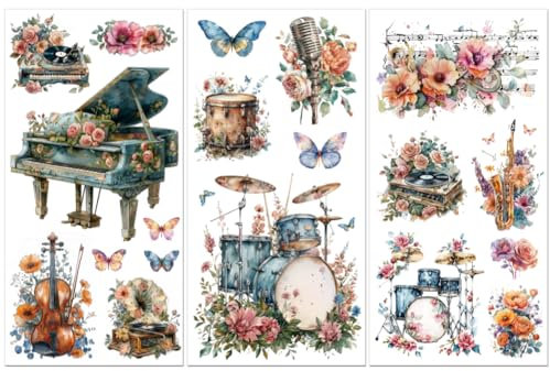 Peacoblue Rub on Transfers for Crafts 3Pcs Musical Instruments and Flowers 15cmx30cm, UV DTF Waterproof Furniture Transfer for Chest of Drawer Dresser Glass Porcelain Wood Plastic