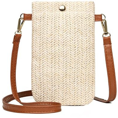 Strohtasche Damen Stroh Handy Umhängetasche Klein Gestrickte Schultertasche Sommertasche Strandhandtasche Böhmische Kleine Geldbörse Handgewebt Strandtasche für Damenreisen Urlaub (Weiß)