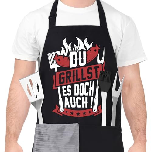 dusaniyali Lustige Kochschürze für Männer, DU GRILLST ES DOCH AUCH Professionelle Grillschürze Chefkoch Ehemann Küchenschürze mit Doppeltasche Verstellbar Vatertag Geburtstagsgeschenk
