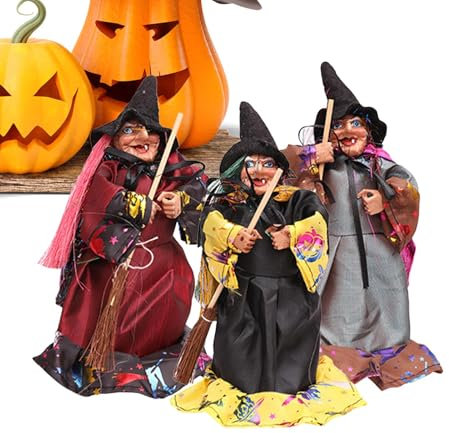 Witch Doll Decor, 3X Halloween Broom Witch Doll, Desktop Broom Doll Figure For Children's Room Haunted House Home Decor
