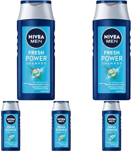 NIVEA MEN Shampoo Mit Menthol - Ohne Silikone, Erfrischt und Stärkt Kopfhaut & Haar, PH-Optimierte Haarpflege Mit Frische-Kick, Fresh Power (250 ml) (Packung Mit 5)