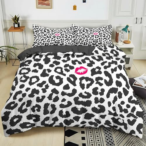 Generisch Bettwäsche 135x200 cm Animal-Print Leopardenmuster Schwarz Und Weiß Bettbezug mit Reißverschluss Weiche Baumwolle Mikrofaser Bettwäsche-Sets für Kinder Jungen Mädchen Jugendliche