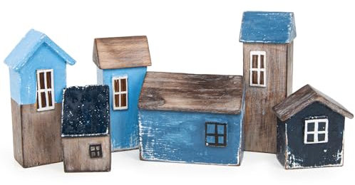 Logbuch-Verlag Kleine Häuser Figuren Set 6-teilig Strandhaus Hafenstadt Skandinavien Maritime Dekoration Miniatur Gebäude 33 x 3 x 12 cm