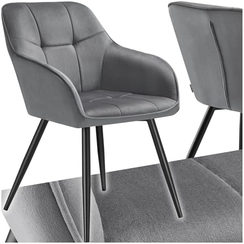 tectake® Samt Stuhl, Esszimmerstuhl mit Stepp Samtstoff, Küchenstühle modern, gemütlicher Sessel Wohnzimmer, Armlehnstuhl Esszimmer, Dining Lounge, Schminktisch Stuhl - grau/schwarz
