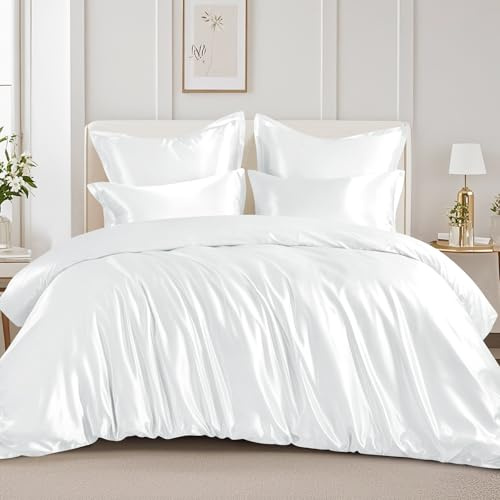 RUIKASI Satin Bettwäsche 200x200 Weiß - Seidig Luxus Bettbezug mit Glanz wie Seiden Bettwäsche Set für Haar und Haut, Glänzend Bettwäsche 200x200cm mit Reißverschluss und Kissenbezug 80x80cm