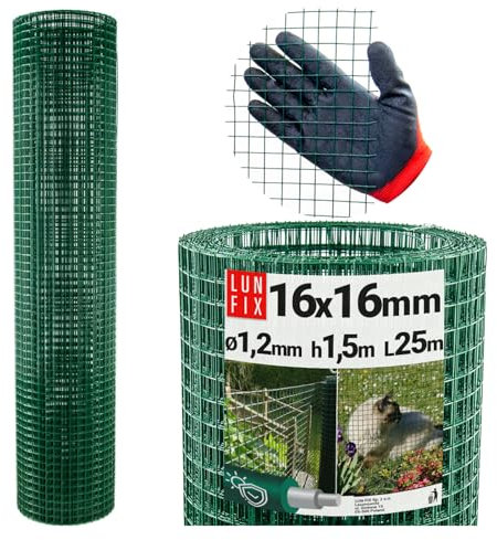 Valla de malla de alambre recubierto de PVC verde, diámetro de 1,2 mm, ancho de malla 16 x 16 mm, altura 1,5 m, longitud 25 m, alambre para pájaros, alambre para conejos, rejilla para roedores, Lun