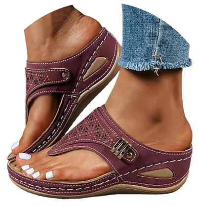 Générique Femme Été Confortable Compensées Plateforme Orthopédique Sandales avec Support Pantoufles en Cuir Mode Tongs Sandales de Marche À Bout Ouvert Flip Flops Violet 38 EU
