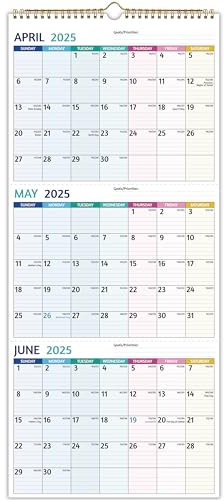 Wandkalender 2025-2026 – 3-Monatskalender 2025-2026 vertikal, April 2025 – Juli 2026, 3-Monats-Wandkalender, 27,9 x 66 cm offen, Monatskalender 2025, großer Druck, Urlaub, dickes Papier, Prioritäten &