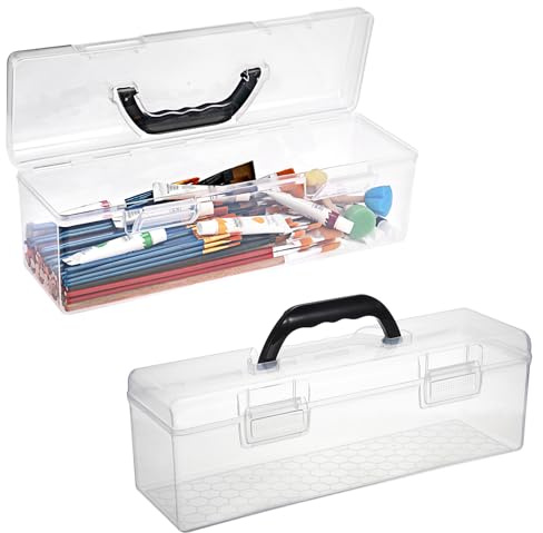 BTSKY 2 Pack Clear Plastic Painting Brush Container with Black Handle, Portable Long Paintbrush Case, Drawing Tools Storage Box, Practical Art Supply Organizer for Artist Crafters, 14x4.7x4.3