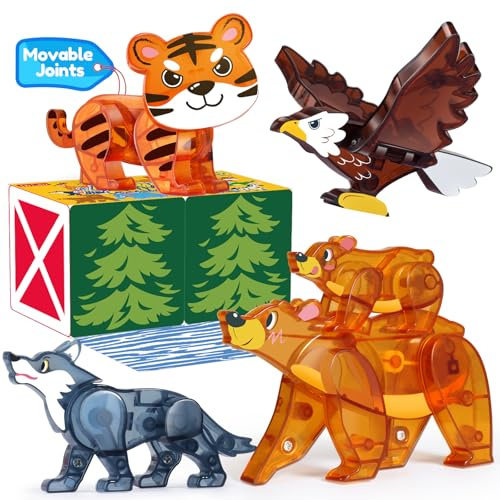 Oriate Magnetspiel Zoo Animal für Magnetische Bausteine, 5tlg Bewegbares Gelenk Tiere magnetspiel für Magnetbausteine, Magnet Spiel Bär Bären Tiger Wolf Tiere magnete spielzeug ab 3 4 5 6 jahre jungen