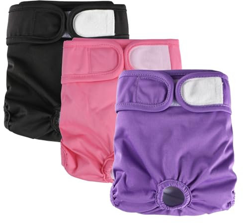 Hisprout 3-Pack Weibliche Hundewindel Hochabsorbierende Inkontinenz Wiederverwendbare Waschbare Atmungsaktive Dauerhafte Hundewindel Hosen Hund Saison Hosen (S,Rosa/Lila/Schwarz)