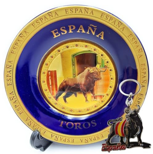 Planta Color Plato Decorativo España con Toro + Llavero Souvenir Toro Español. Incluye Soporte y Gancho para Colgar Amantes de España, Tauromaquia, Cultura y Tradiciones (Toro)