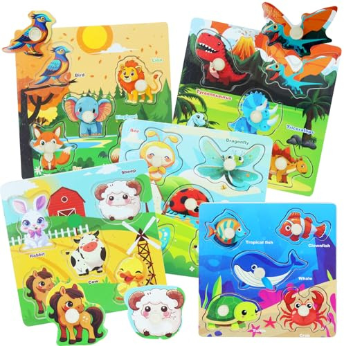 CVARRISE Holzpuzzle Kinder mit Peg ab 2 3 4 5 Jahre, 5 Stück Tier Puzzle (Meerestiere, Dschungel, Bauernhof, Insekten, Dinosaurier)，Lernspielzeug Montessori Steckpuzzle Geschenk für Jungen und Mädchen