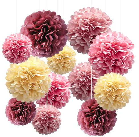 Pompons Deko, 12 Stück, Roségold, Seidenpompons, Hängende Papier Pom Poms | Hochzeit Deko, Partydekoration, Geburtstag Party Dekorationen, Gartenparty