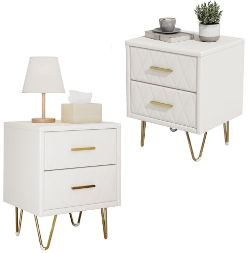 WSOFZMO Nachttisch 2er Set, Nachttisch Gepolstert mit 2 Schubladen aus Schwamm und PU, Beistelltisch mit Metall Füßen und Griffen, Sofaspitze für Wohnzimmer, Schlafzimmer, 41 x 36 x 51 cm