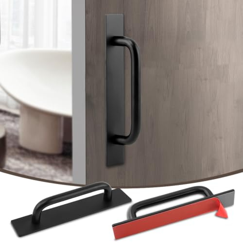 2 Pcs Adhesive Cabinet Handles, No Drill Self Stick Pulls Aluminum Alloy | D-Shaped 14.8cm, Stick On Door Pulls for Drawer Wardrobe Window Sliding Closet Glass Door, Black