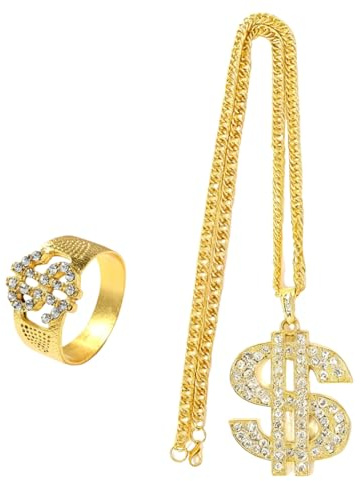YUVKIN Dollar Kette Gold Fake Goldene Dollar Sign Chain, Der Ring für Fasching Hip Hop Rapper Kostüm Disco Outfit Accessoires (Gold)