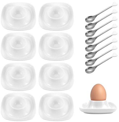 GOMETY 8 Pièces Coquetier Blanc Céramique, Coquetier en Porcelaine Oeuf Support, Le Petit Déjeuner Coquetier Plateau avec 8 Cuillères, Coquetiers en Céramique pour Oeufs Durs et à la Coque (Blanc)