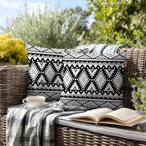 Gnoxaris Outdoor Kissenbezug Wasserfest Outdoor Kissen Wetterfest Dekorative Gartenkissen 45x45 cm Schwarz-Weiß Muster Wasserdicht Kissenbezüge 2er Set für Garten Sofa Wohnzimmer Bett