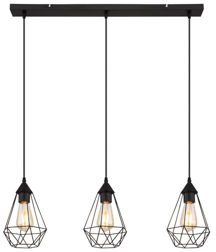 Hängeleuchte 3-Flammig schwarz Pendelleuchte Retro Diamantgitter Esszimmerleuchte, Metall, 3x E27 Fassungen, LxBxH 79x17x120 cm