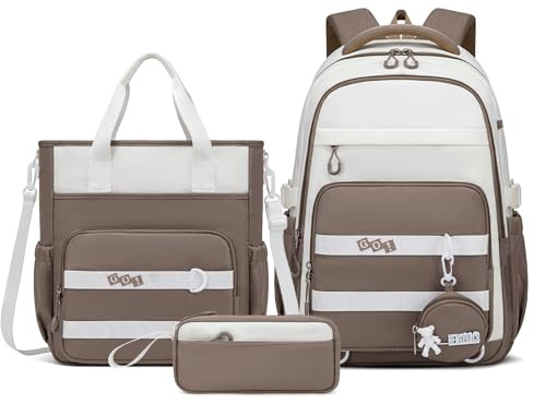 Amythe Schulrucksack Mädchen Teenager, 3-tlg. Leichter Schulranzen, Braun | Schultasche Set für Mädchen 5.-12. Klasse mit Umhängetasche Federmappe, Wasserdichter Rucksack Tagesrucksäcke, Schulstart