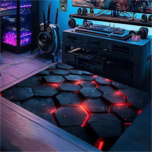 USHIRUG Spielteppiche, 140x200cm, 3D-Wabenmuster, Modernes, Schwarz-Rotes, Geometrisches Sechseckmuster, Weich, Strapazierfähig und Waschbar für Spielzimmer, Schlafzimmer und Lounge