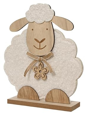 Dekofigur Schaf mit Blumenanhänger 13x17cm Filz Holz - Dekoschaf zum Stellen - Osterschaf als Osterdeko Osterschmuck - Tierfigur Schäfchen Frühlingsdeko - Natur Creme