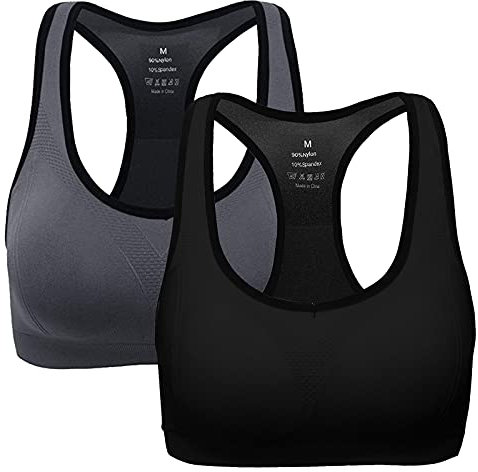 ANGOOL Damen Komfort Klassische Racerback Sport BH Top Fuer Yoga Fitness-Training, L Fit 80D 80DD 80E 85D 90BC 90D, Schwarz+grau