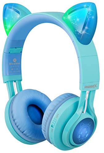 Riwbox Kids Wireless Headphones, CT-7S Cat Ear Kids Bluetooth Headphone Over Ear with Mic Vol. Limits 85dB, LED Light for Phone/Tablet/TV(Blue&Green)