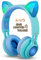Riwbox CT-7S Kinder-Kopfhörer mit Katzenohren. Kabellose Bluetooth-Kopfhörer mit Lautstärkebegrenzung auf 85 dB, LED-Licht und Mikrofon für Cellphone/Laptop/PC/TV Blau/Grün