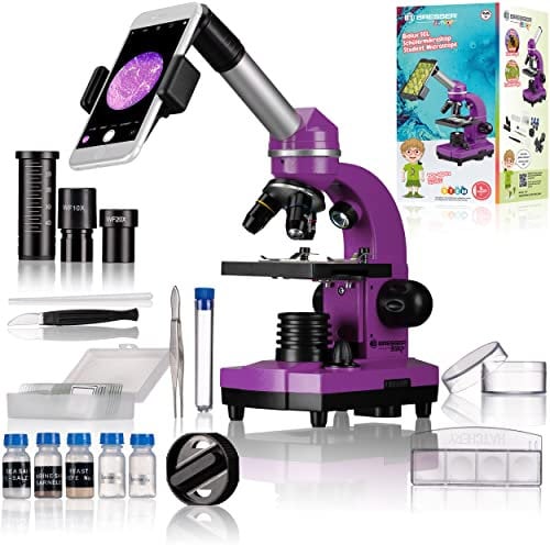 Bresser Junior Schülermikroskop BIOLUX SEL mit Smartphonehalter, reichhaltigem Zubehör und Barlow-Zoom-System für Kinder, Einsteiger und Erwachsene, violett