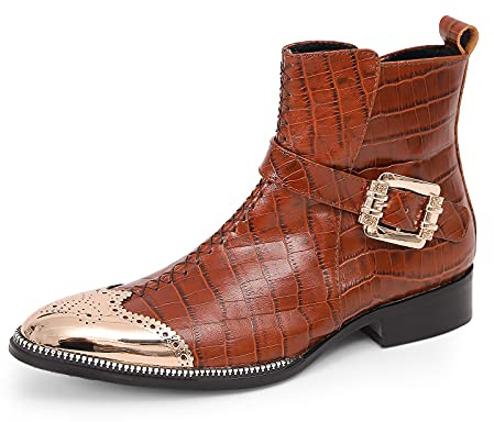 Rui Landed Stivaletti alla caviglia da uomo Casual in pelle di con punta metallica in metallo con fibbia Decorazione pratica cerniera scarpe formali discoteca(Dimensione:40 EU)