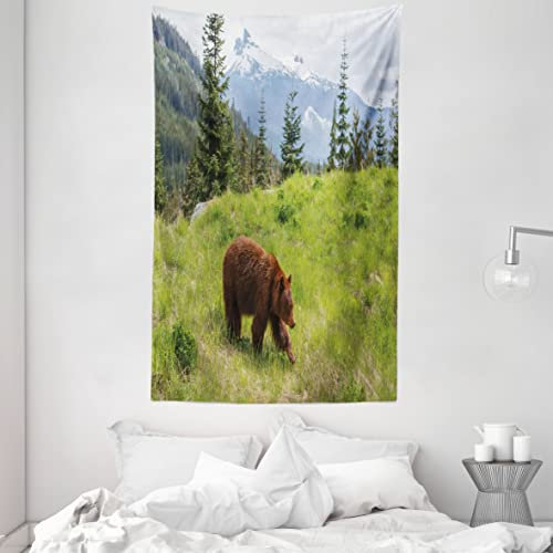 ABAKUHAUS Bär Wandteppich und Tagesdecke, Pelz-Tier-Natur Habitat aus Weiches Mikrofaser Stoff Waschbar ohne Verblassen Digitaldruck, 140 x 230 cm, Grün braun
