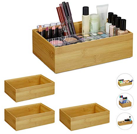 Relaxdays 4 x Ordnungsbox Bambus, stapelbar, natürliche Optik, Aufbewahrungsbox Küche, Bad, Dekobox HxBxT: 7 x 23 x 15 cm, natur