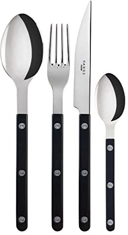 Sabre Paris | Ensemble de couverts de table 4 pièces Bistrot, couleur Noir et finition brillante. Comprend couteau, fourchette, cuillère à soupe et petite cuillère en Acier Inoxydable.