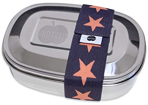 Brotzeit 16x12x4cm Edelstahl Brotdose Magic mit Gummiband nach Farbauswahl Edelstahldose Vesperdose Jausenbox Brotzeitdose (Sterne Grau Orange)