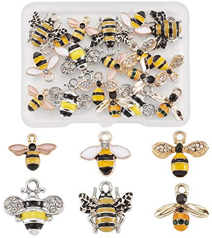 Beadthoven 24 Stück gelbe Emaille-Bienen-Charms mit Kristall in 6 Stilen, Honigbiene, Insekten, Charms-Anhänger für DIY-Ohrringe, Halsketten, Schmuckherstellung