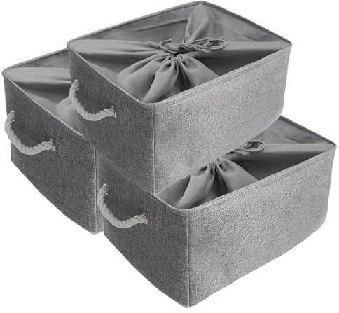 Mangata Stoff Aufbewahrungsboxen, Faltbare Aufbewahrungsbox mit Seilgriffen für Regale, Schrank, Kleiderschrank, 3er-Pack (Grau, XXL)
