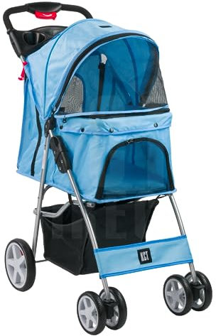 KCT Hooded Foldable Pet Dog Cat Stroller with Waterproof Rain Cover - Blue - 4 Wheel Travel Carriage with Safety Leash, Canopy, Cup Holder, Storage Tray