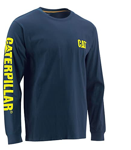 Caterpillar Trademark Banner Long Sleeve Tee Shirts for Men with Center Back Neck Wire Management Loop and Cat Workwear Logo, Detroit Blue, S